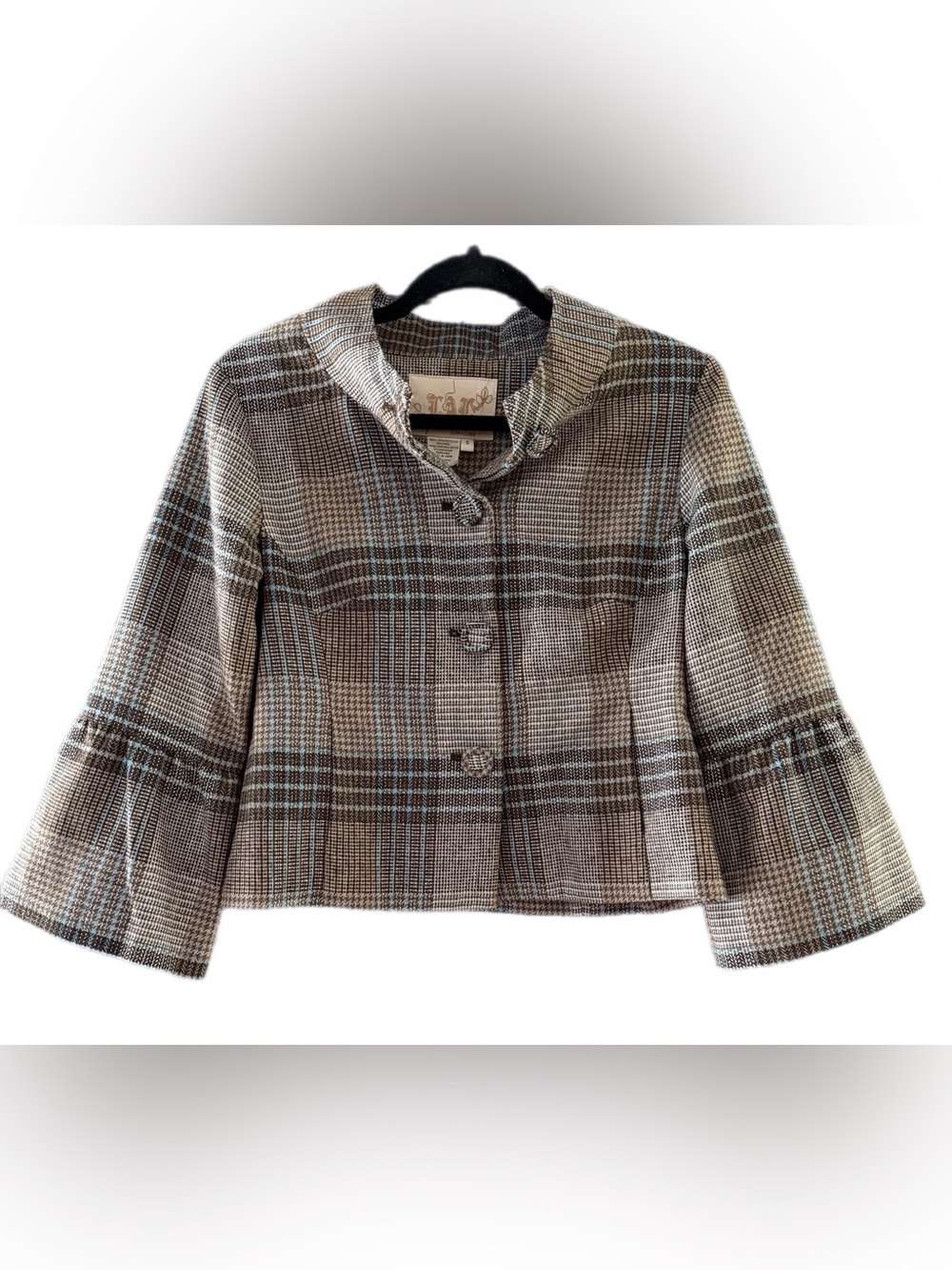 NWT Live a Little Brown Blue Plaid Wool Blend Jacket Small Stand Collar Blazer